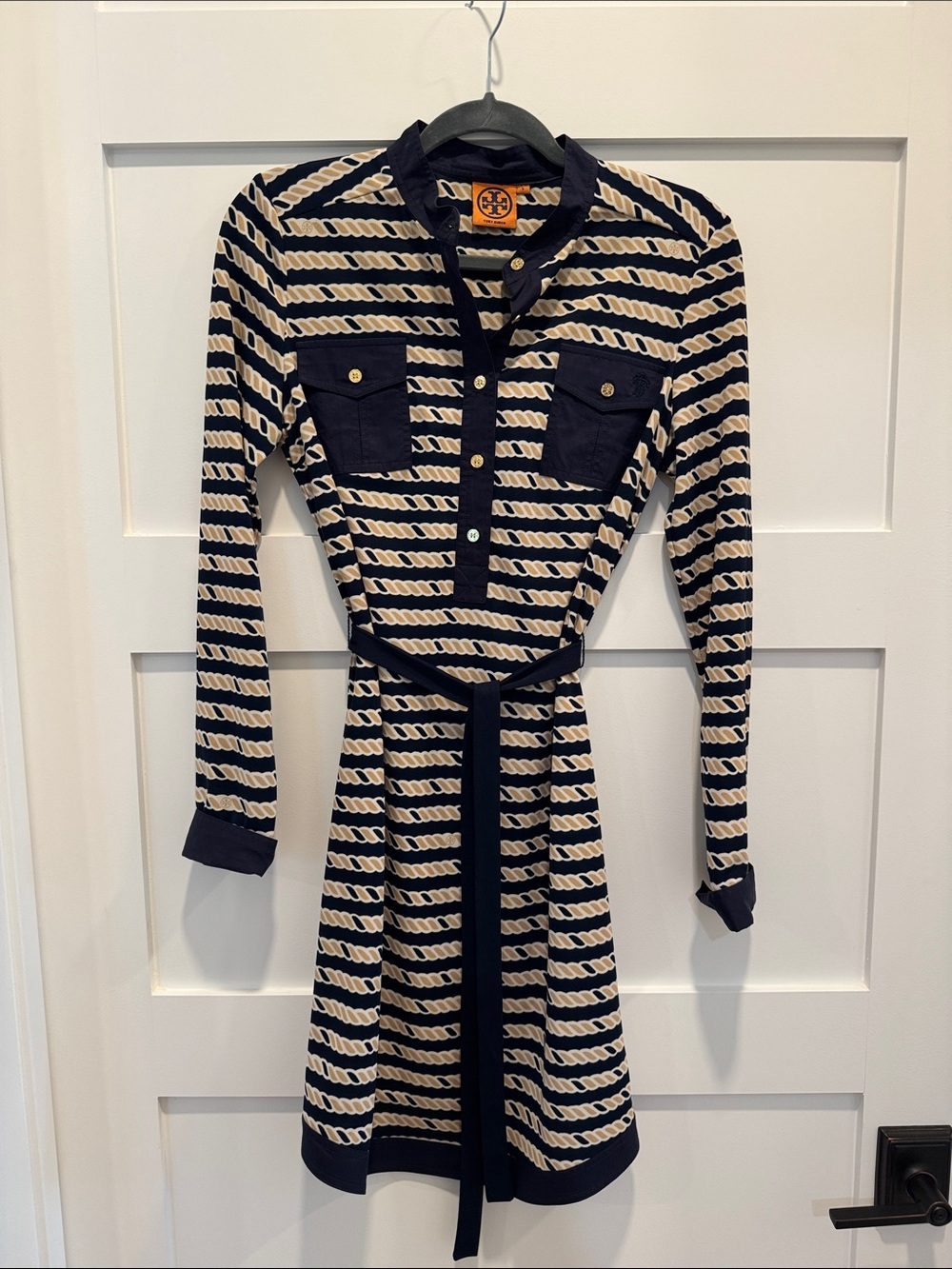 Tory Burch Navy and Cream Rope-Print Long-Sleeve Shirt Dress